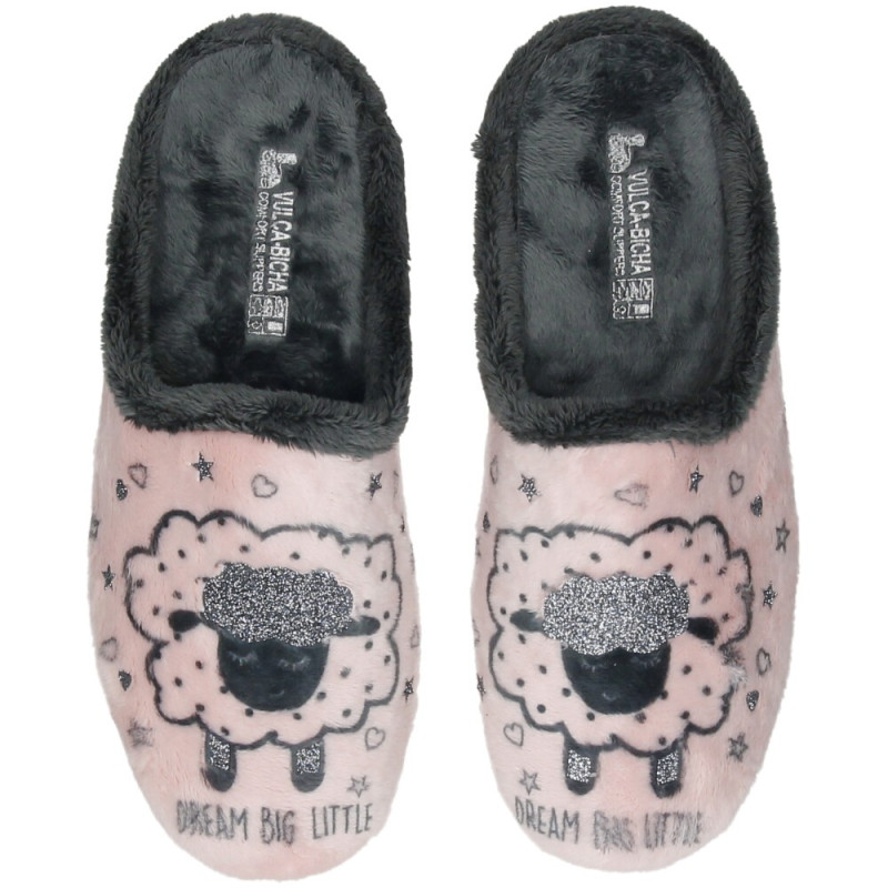 Zapatillas de casa en color rosa para mujer con dibujo de oveja y glitter plata