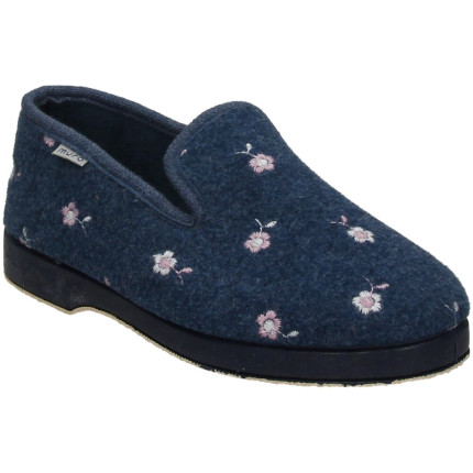 Zapatillas cerradas de casa en paño con flores bordadas en azul marino