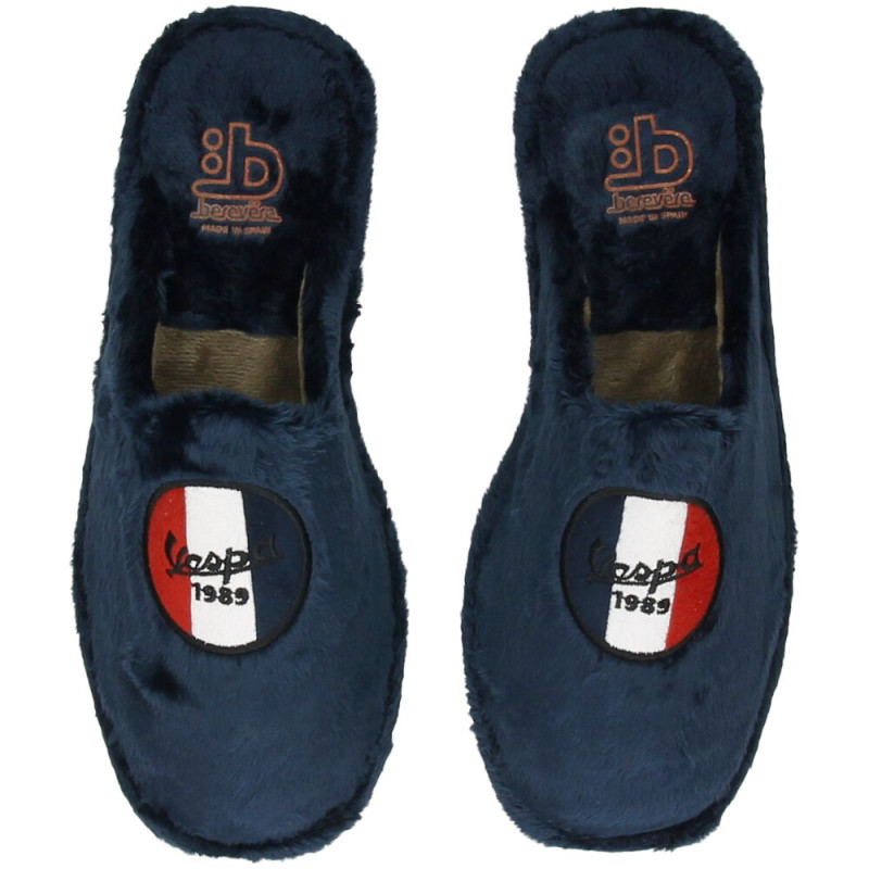 Zapatillas de casa para hombre en azul marino con escudo de moto