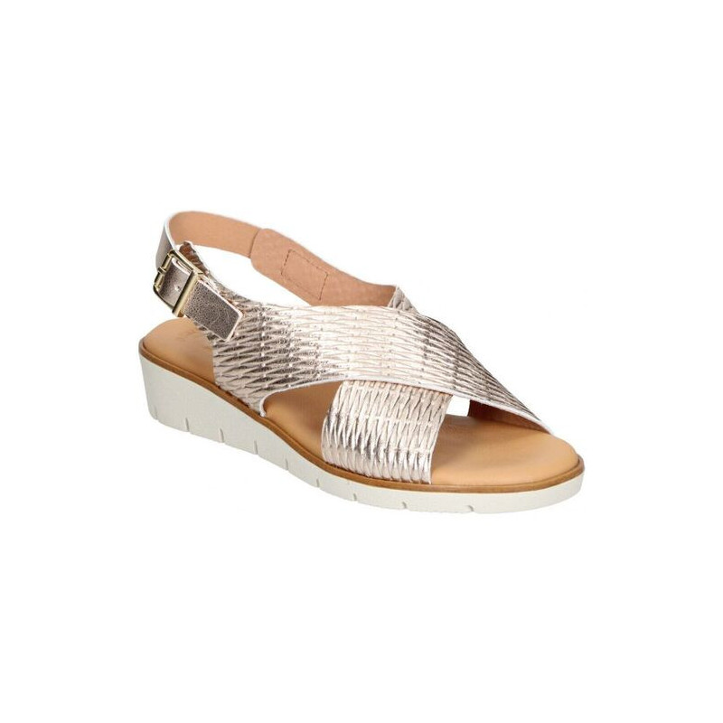 Sandalias para mujer en piel con cuña y plantilla de gel con tiras cruzadas metalizadas color platino