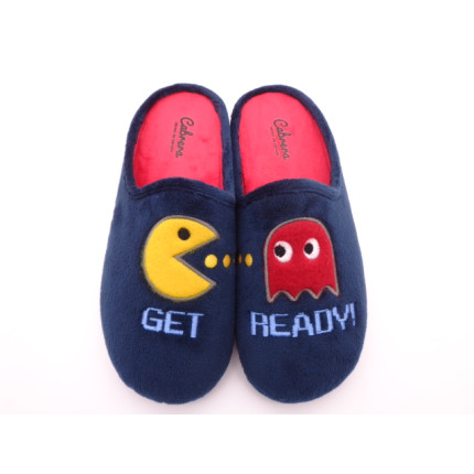 Zapatillas de casa para hombre de Pacman, comecocos en azul marino