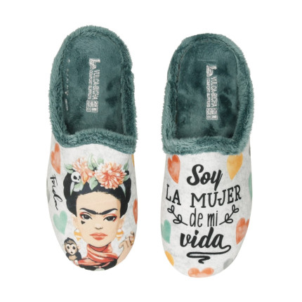 Zapatillas de casa para mujer con dibujo de Frida Kahlo y frase inspiracional