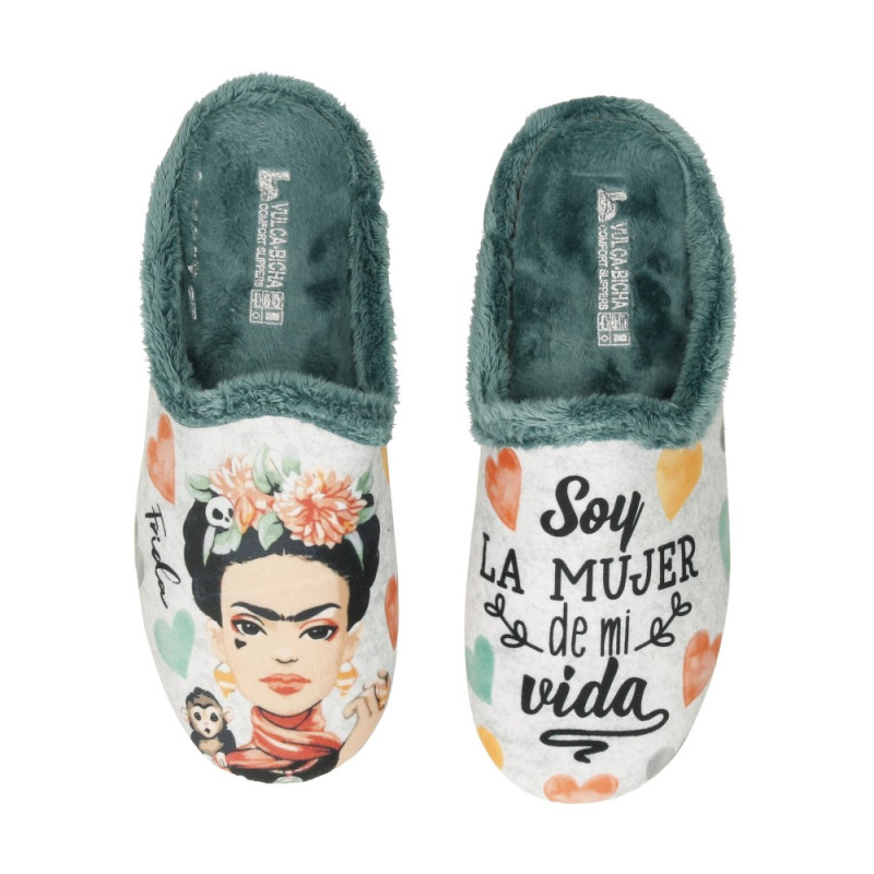 Zapatillas de casa para mujer con dibujo de Frida Kahlo y frase inspiracional