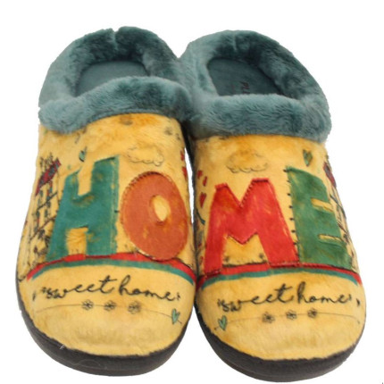 Zapatillas de estar en casa marca Plumaflex con pantilla de gel y dibujo de HOME en tonos amarillos