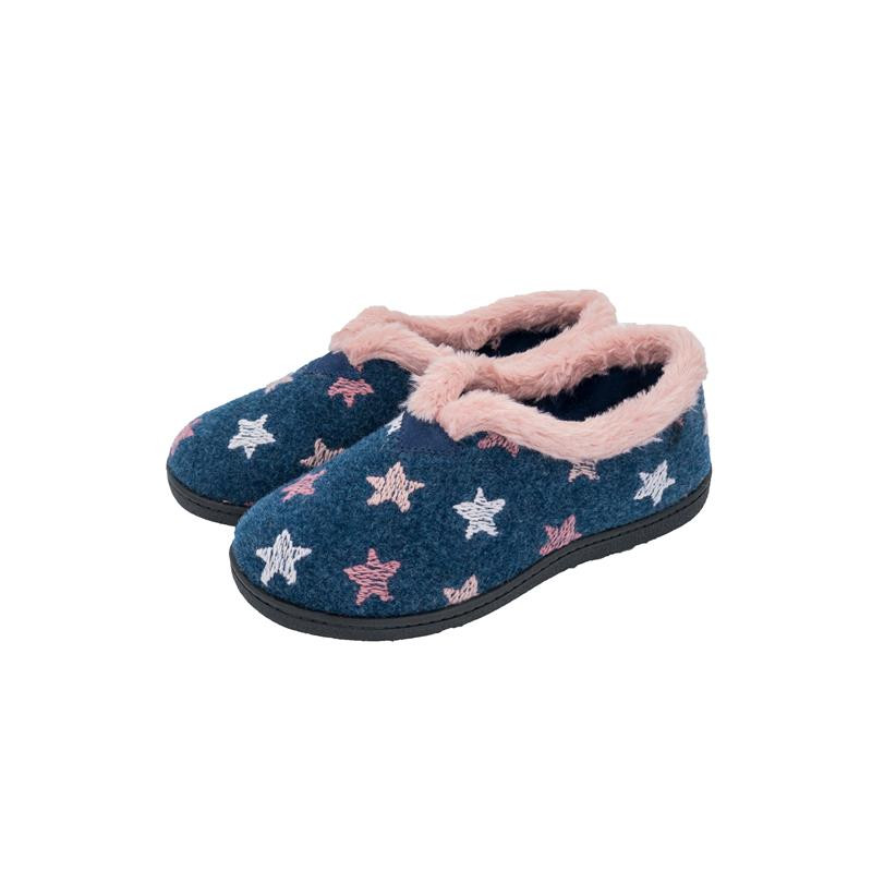 Zapatillas casa cerradas con sistema plumaflex de comodidad con dibujo de estrellas sobre paño marino y cuello en rosa