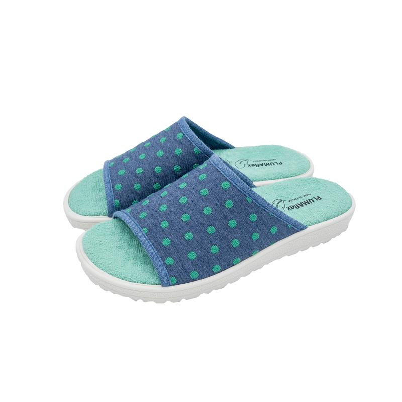 Zapatillas de casa con sistema plumaflex con lunares en verde sobre fondo azul para mujer