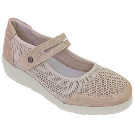 TREINTAS 4151 beige - Zapatos con tira de velcro tipo merceditas fabricadas en tela con cuña de goma