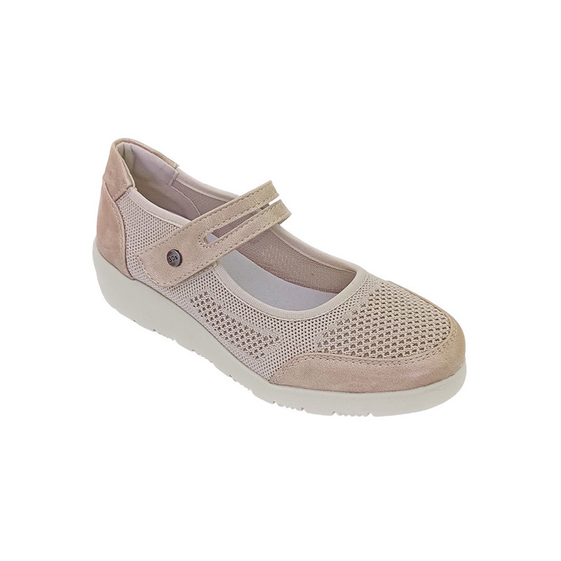 TREINTAS 4151 beige - Zapatos con tira de velcro tipo merceditas fabricadas en tela con cuña de goma