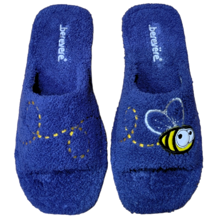 Zapatillas de casa para mujer con bordado de una abeja, fabricadas en rizo azul marino