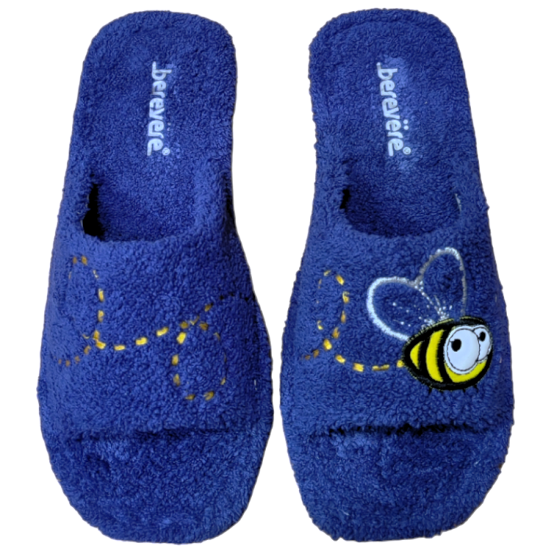 Zapatillas de casa para mujer con bordado de una abeja, fabricadas en rizo azul marino