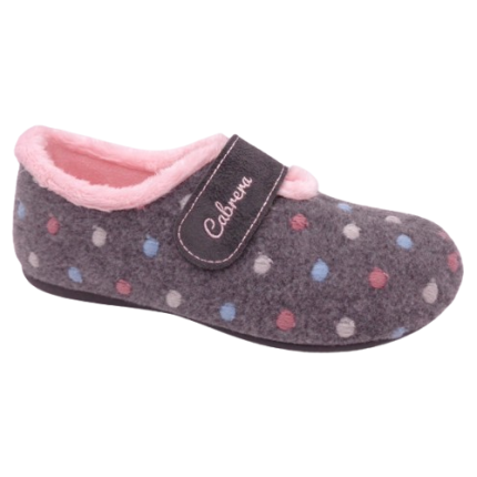 Zapatillas de casa para mujer de velcro en paño gris con dibujo de topos de colores y forro rosa