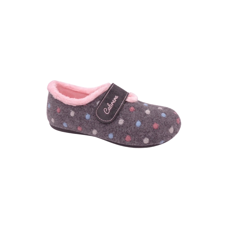 Zapatillas de casa para mujer de velcro en paño gris con dibujo de topos de colores y forro rosa