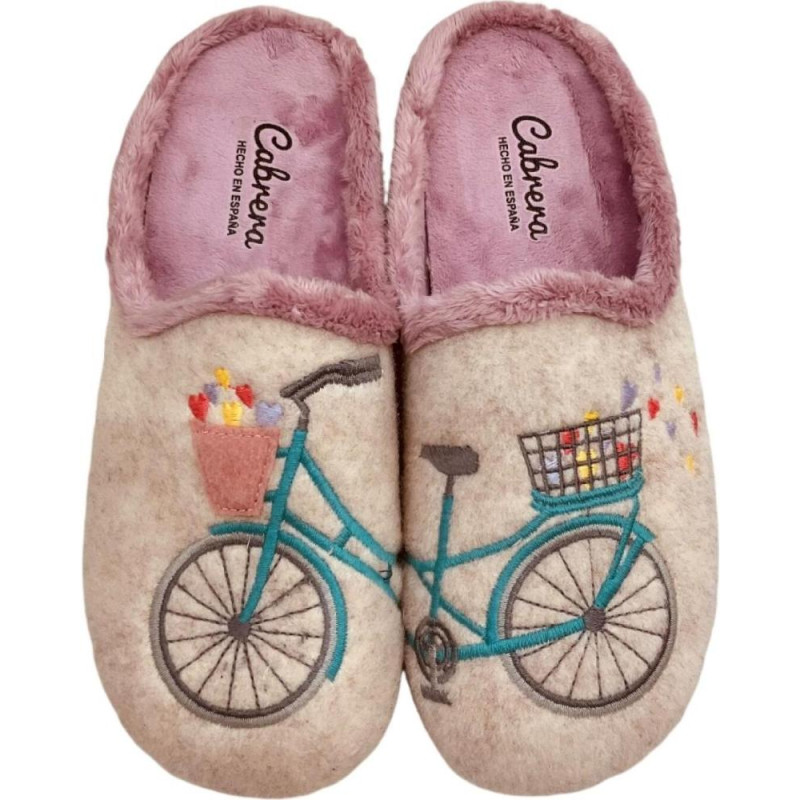 Zapatillas para casa de mujer abiertas de talón con bordado de bicicleta sobre paño beige