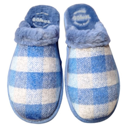 Zapatillas de casa sin talon con cuello de pelo y estampado de cuadros en tonos azules