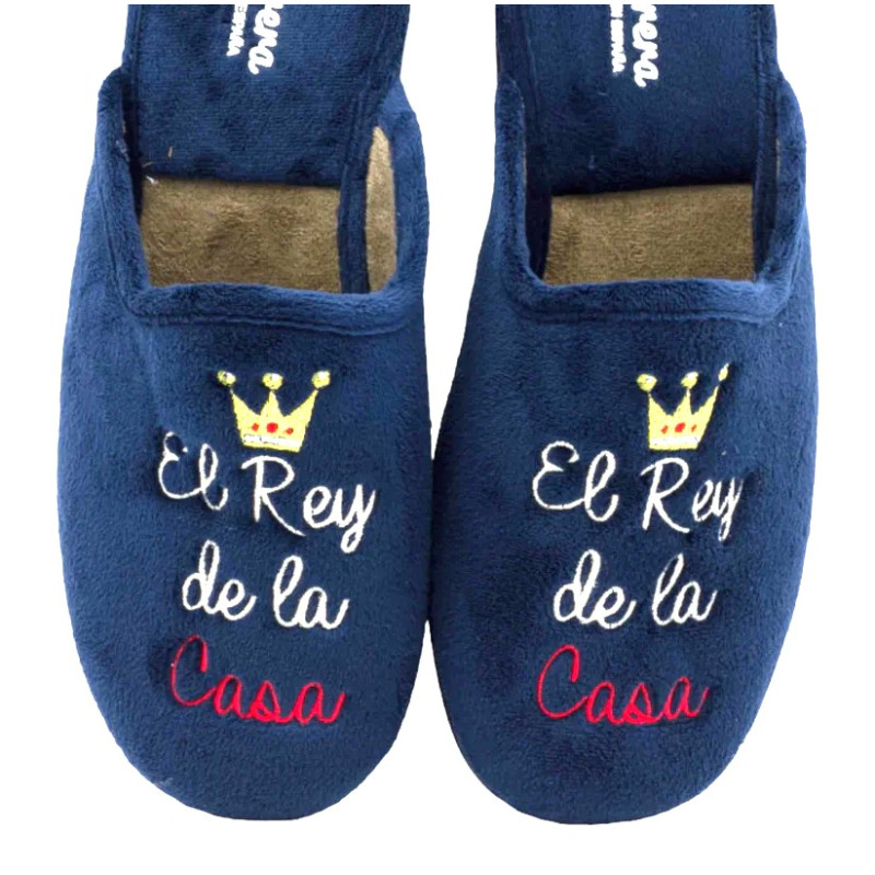 Zapatillas de casa para hombre con mensaje bordado "El rey de la casa" en azul marino