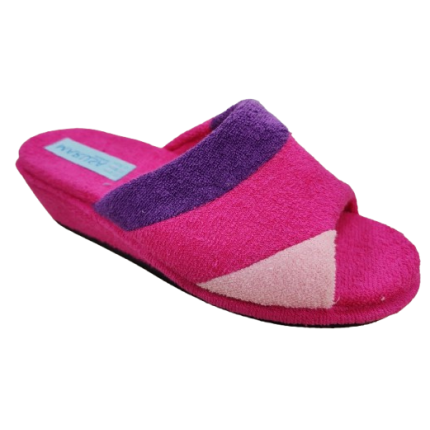 Zapatillas de casa de verano de rizo con cuña en rosa fuxia morado combinados, muy ligera