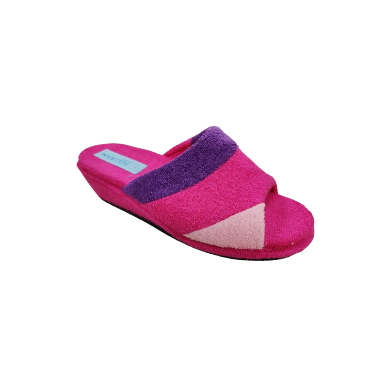 Zapatillas de casa de verano de rizo con cuña en rosa fuxia morado combinados, muy ligera