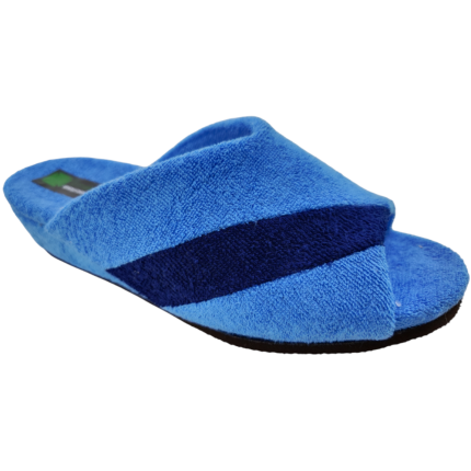 Zapatillas de casa de rizo en azul claro con banda diagonal en azul marino, cuña muy ligera