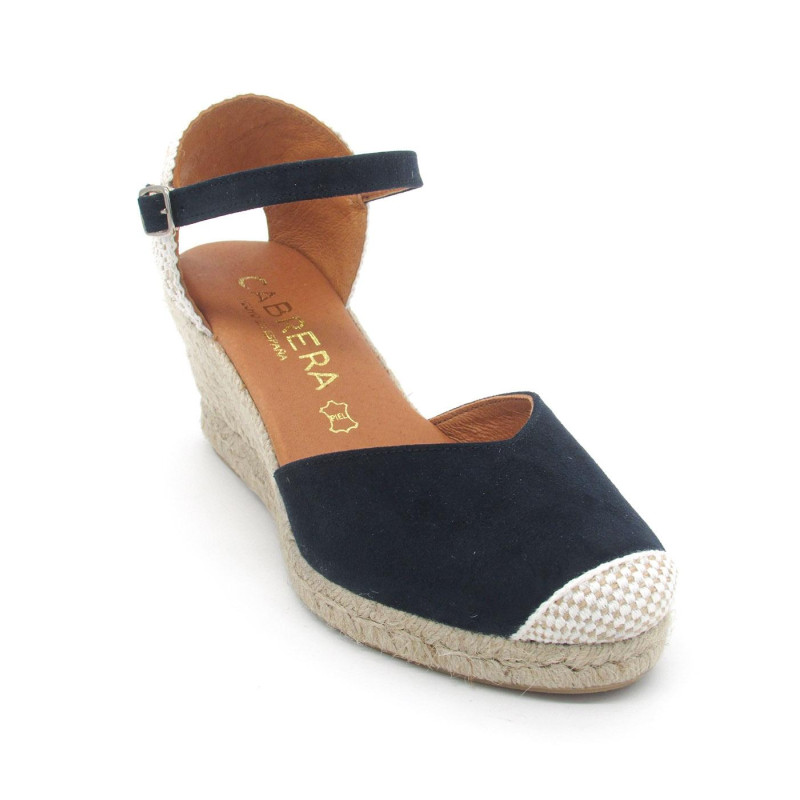 Cabrera 29-5 azul marino. Sandalias de cuña de 5 cuerdas de yute con la puntera cerrada en antelina