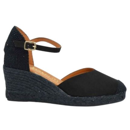 Cabrera 29-5 negro con suela negra. Sandalias de cuña de 5 cuerdas de yute con la puntera cerrada en antelina.