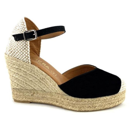Cabrera 29-7 negro. Sandalias de cuña alta de 7 cuerdas de yute con la puntera cerrada en antelina