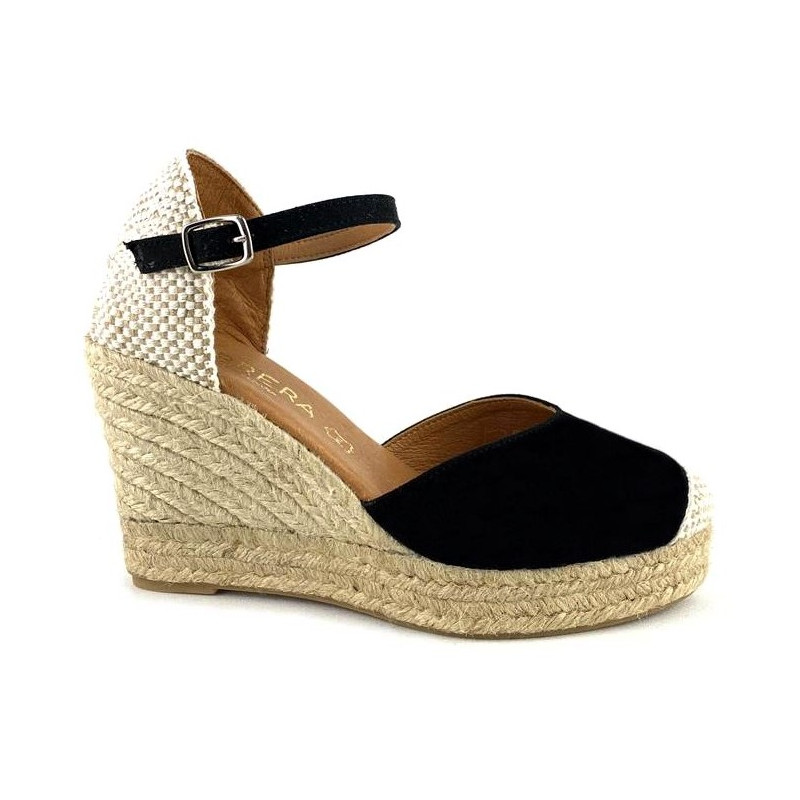 Cabrera 29-7 negro. Sandalias de cuña alta de 7 cuerdas de yute con la puntera cerrada en antelina