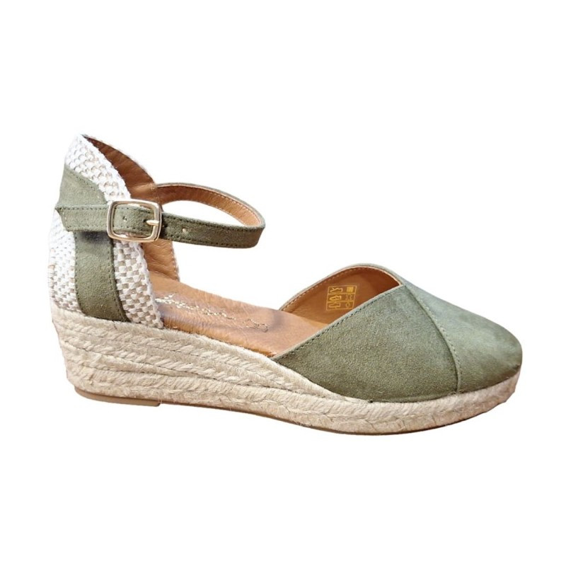 Cabrera 54-3 verde - Sandalias de cuña baja de yute de antelina con empeine cruzado