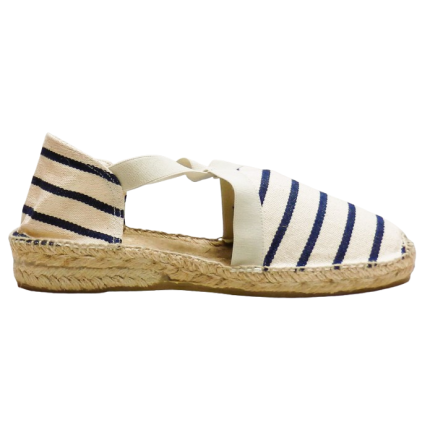 Sandalias en yute con cuña baja en rayitas azul sobre fondo beige y elástico cruzado