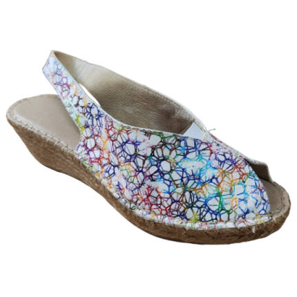 Sandalias de piel con dibujos multicolor sobre cuña de yute de 5 cuerdas color blanco