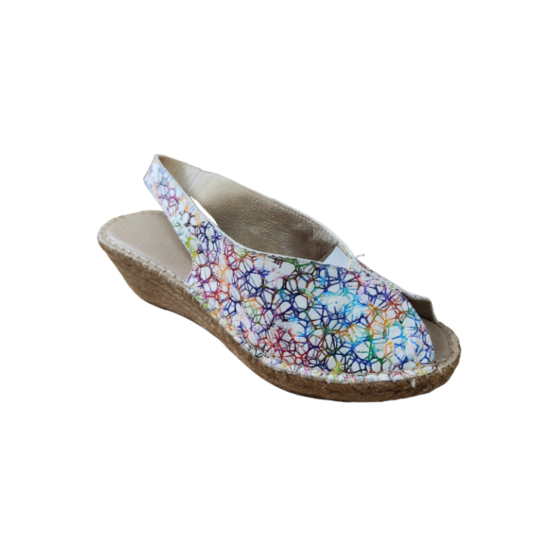 Sandalias de piel con dibujos multicolor sobre cuña de yute de 5 cuerdas color blanco