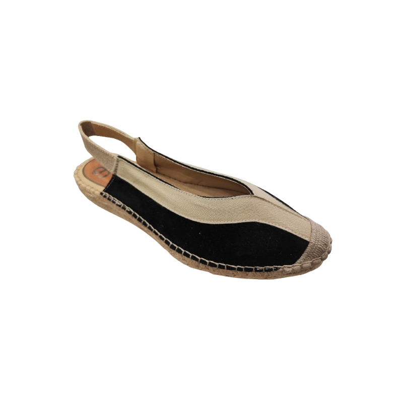 Sandalias de yute con cuña baja de serraje negro con puntera cerrada y adorno combinado