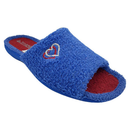 Zapatillas de casa de verano para mujer en rizo azul marino y plantilla en rojo