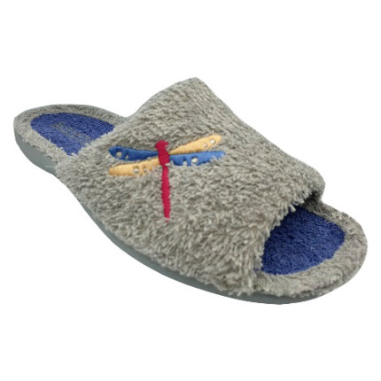 Zapatillas de casa de verano para mujer en rizo gris con bordado de libélula