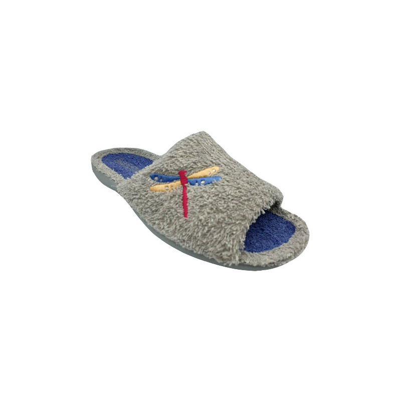 Zapatillas de casa de verano para mujer en rizo gris con bordado de libélula