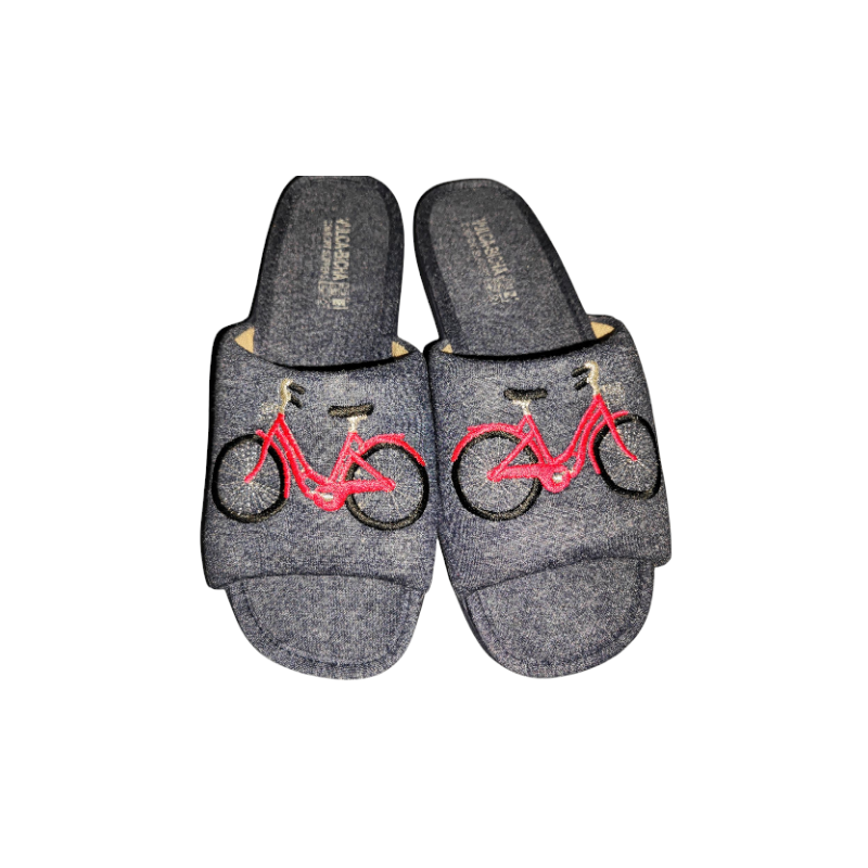 Zapatillas de casa de verano para mujer en tela azul tejano con bordado de bicicleta