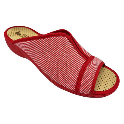 Zapatillas de casa para mujer con rayitas y una pequeña cuña en tela roja