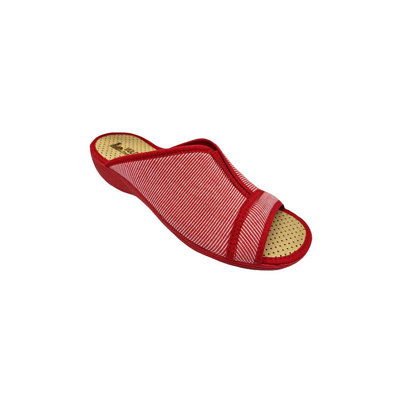 Zapatillas de casa para mujer con rayitas y una pequeña cuña en tela roja