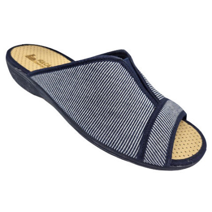 Zapatillas de casa para mujer con rayitas y una pequeña cuña en tela azul marino
