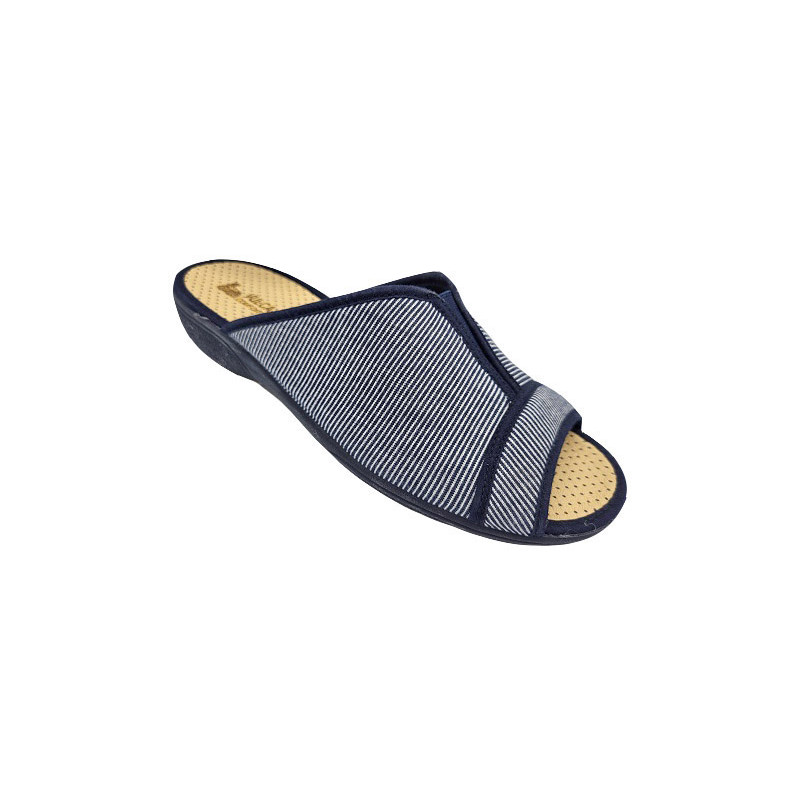 Zapatillas de casa para mujer con rayitas y una pequeña cuña en tela azul marino