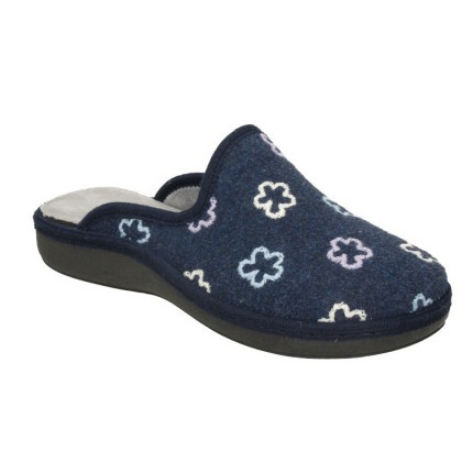 Zapatillas de casa abiertas en paño azul marino con flores bordadas, plantilla almohadillada