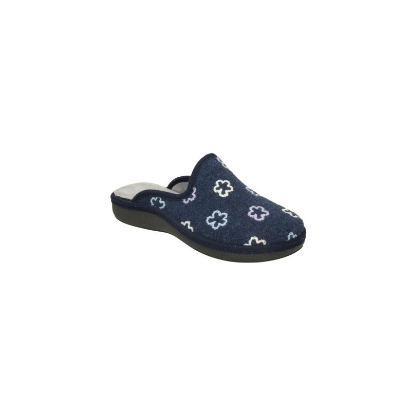 Zapatillas de casa abiertas en paño azul marino con flores bordadas, plantilla almohadillada