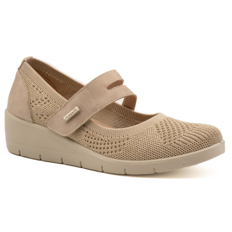 MYSOFT 24M207 BEIGE - Zapatos tipo merceditas en tela beige con cuña