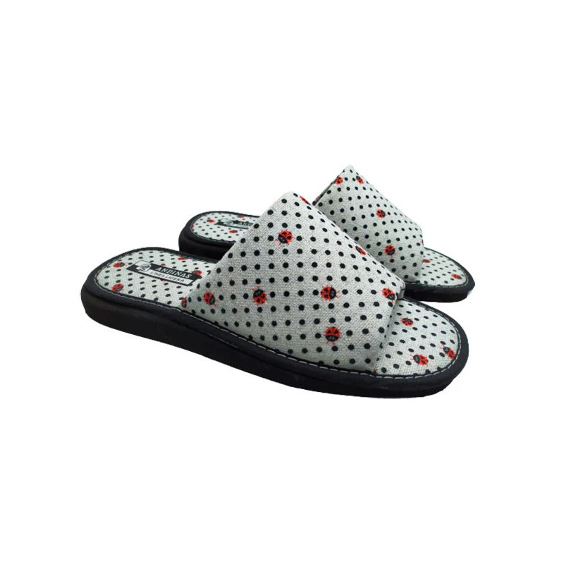 Zapatillas de casa de verano para mujer en tela con estampado de mariquitas