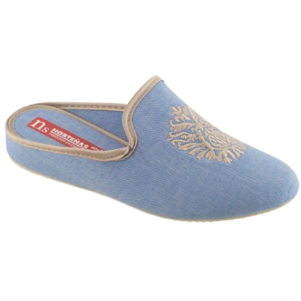 Norteñas 103525 azul claro jeans - Zapatillas de casa de primavera en tela con cuñita forrada y empeine con escudo bordado