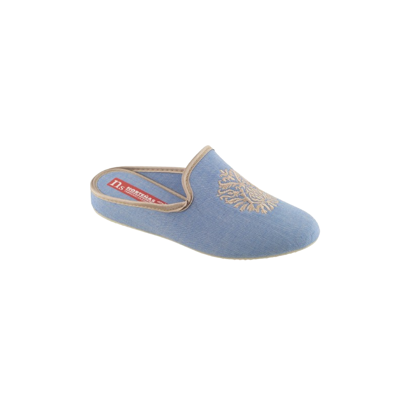 Norteñas 103525 azul claro jeans - Zapatillas de casa de primavera en tela con cuñita forrada y empeine con escudo bordado