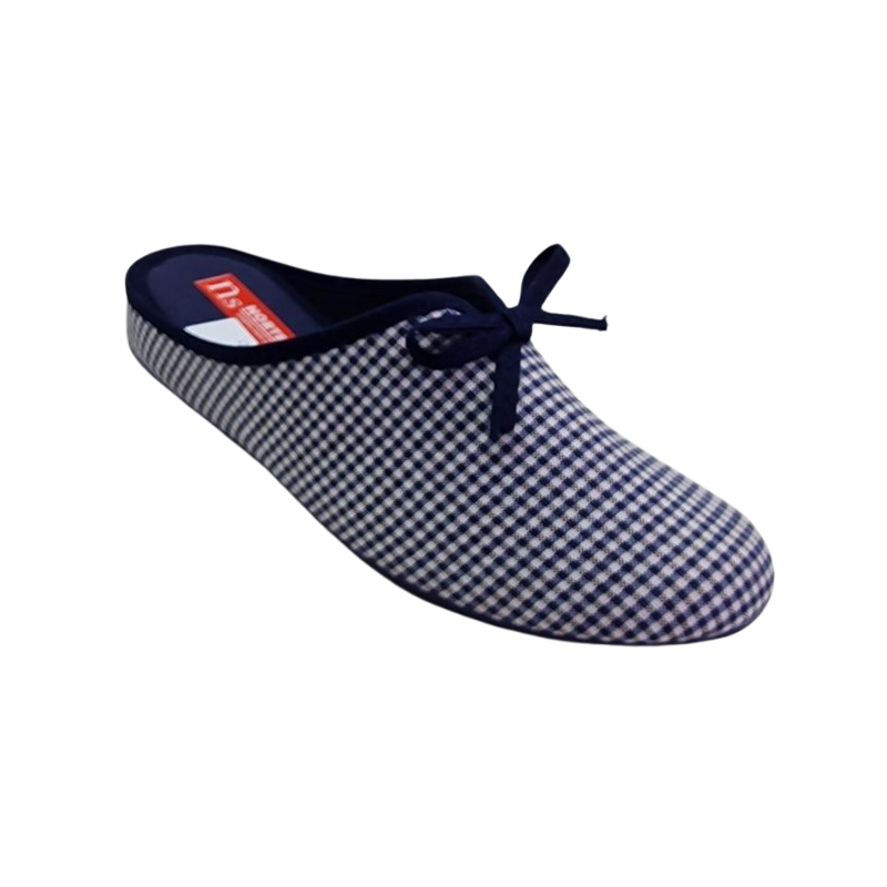 Norteñas 26-664 azul marino - Zapatillas de casa de tela de fino cuadro vichy y  lazo