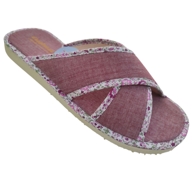 DESPINOSA 1530-L granate - Zapatillas de casa para mujer de tela, planas, tiras cruzadas