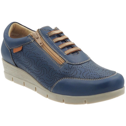 48 HORAS 1105 azul - Zapatos de piel con cuña con elásticos y cierre de cremallera