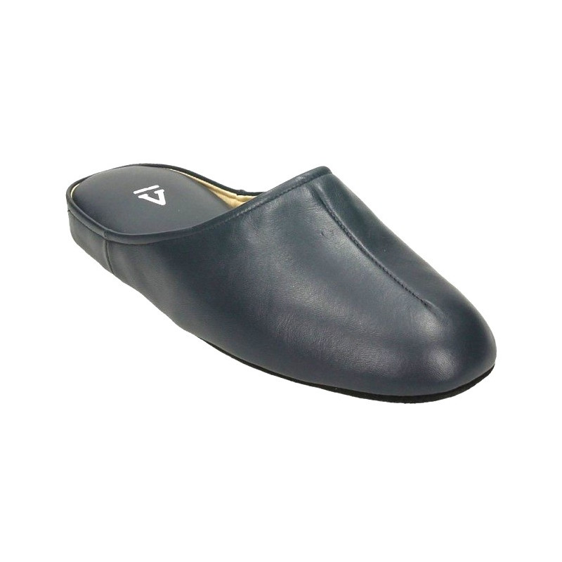 Zapatillas para estar en casa hechas en piel para hombre color azul marino, suela silenciosa Fabricada en Menorca