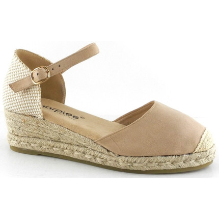 AMARPIES 26481 BEIGE - Sandalias con pequeña cuña de yute de 3 cuerdas en antelina con pulsera al tobillo